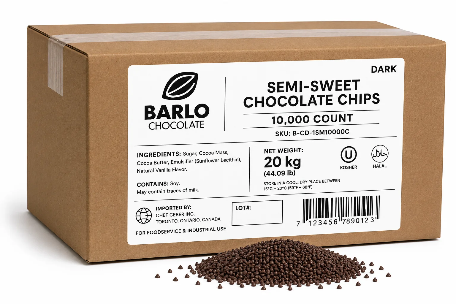Chef Ceber BARLO Dark Chocolate Chips – 10,000 Count (20 kg) BARLO Dark Chocolate Chips – 10,000 Count (20 kg) Chocolate – Image 1