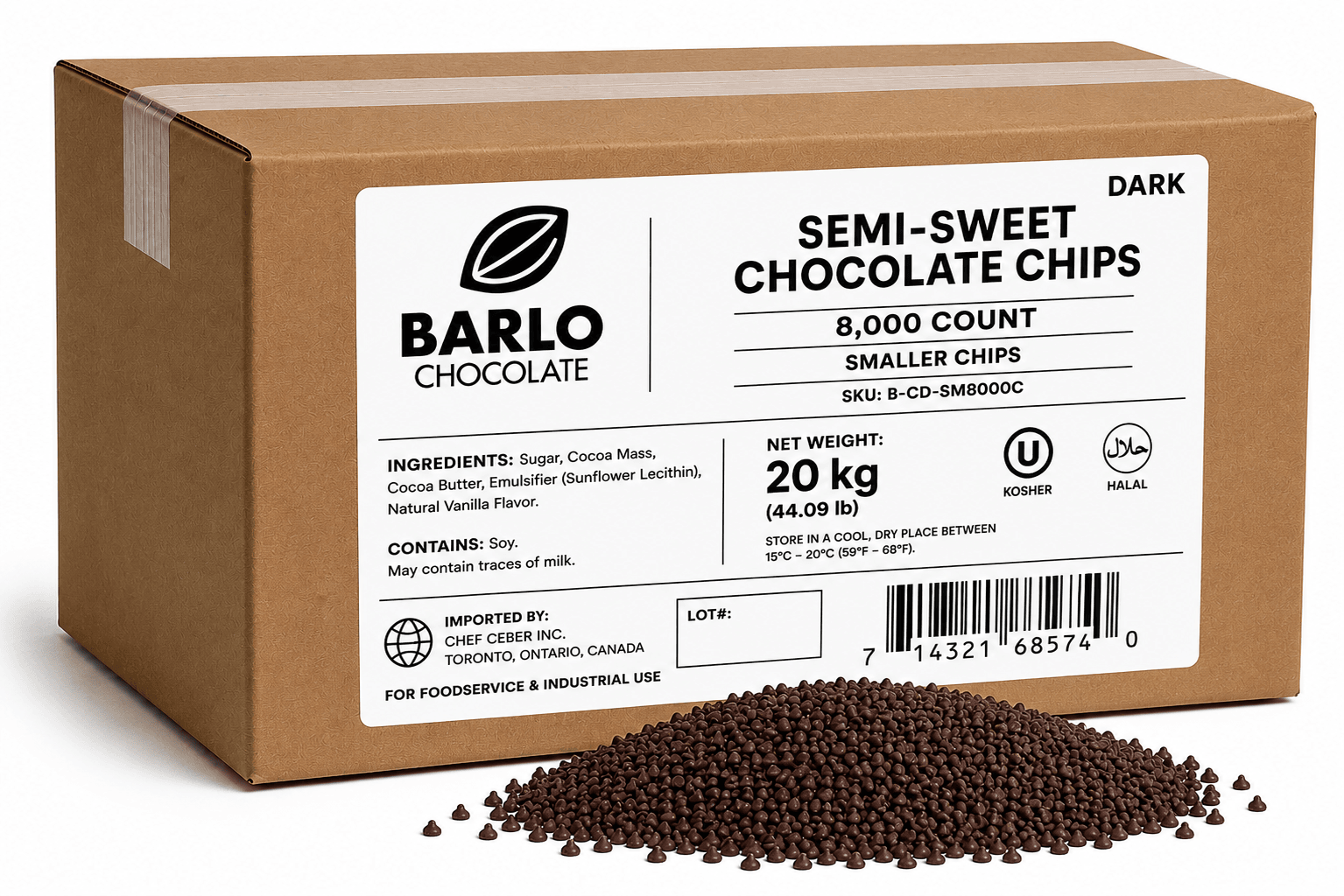 Chef Ceber BARLO Dark Chocolate Chips – 8,000 Count (20 kg) BARLO Dark Chocolate Chips – 8,000 Count (20 kg) Chocolate – Image 1