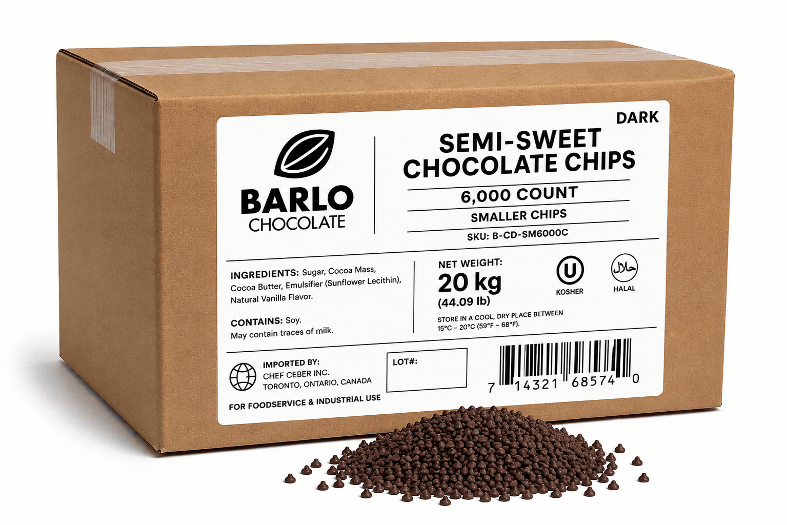Chef Ceber BARLO Dark Chocolate Chips – 6,000 Count (20 kg) BARLO Dark Chocolate Chips – 6,000 Count (20 kg) Chocolate – Image 1