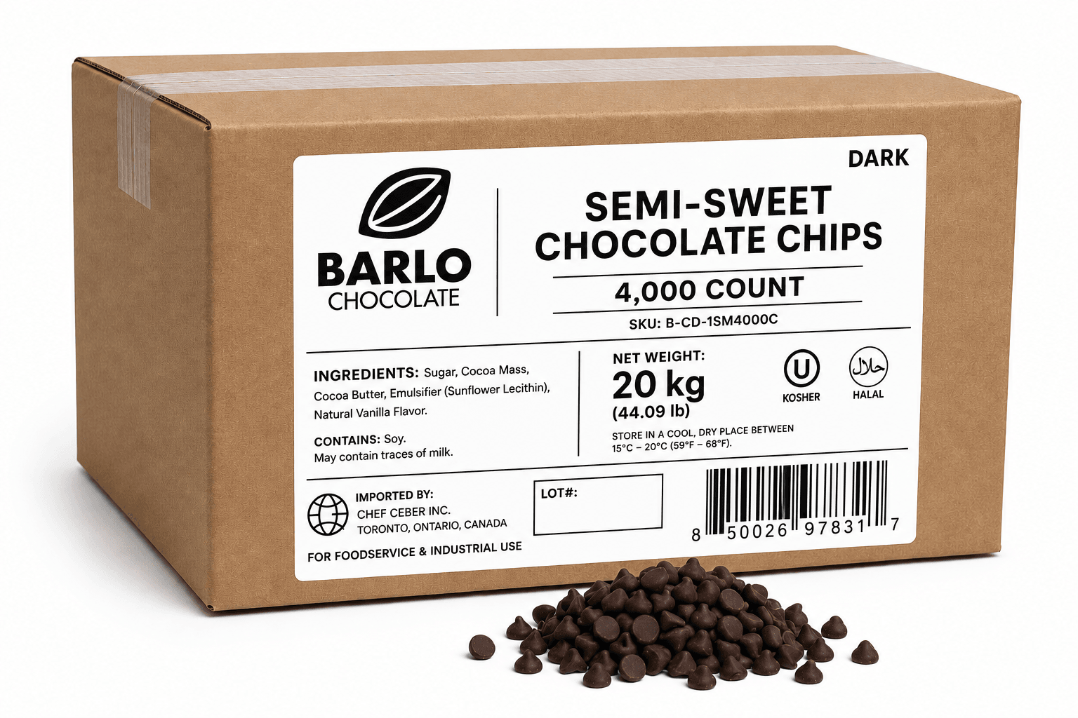 Chef Ceber BARLO Dark Chocolate Chips – 4,000 Count (20 kg) BARLO Dark Chocolate Chips – 4,000 Count (20 kg) Chocolate – Image 1