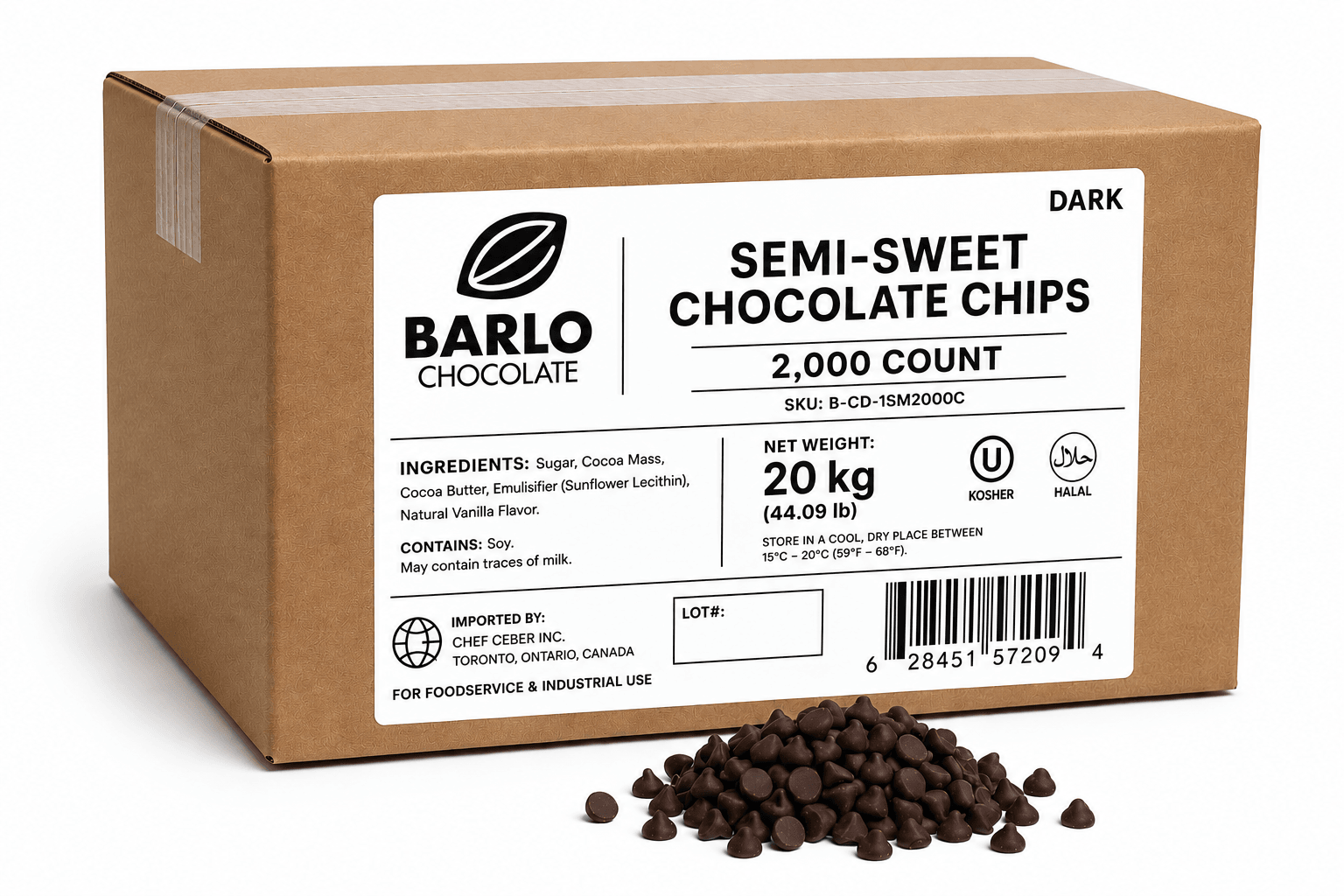 Chef Ceber BARLO Dark Chocolate Chips – 2,000 Count (20 kg) BARLO Dark Chocolate Chips – 2,000 Count (20 kg) Chocolate – Image 1