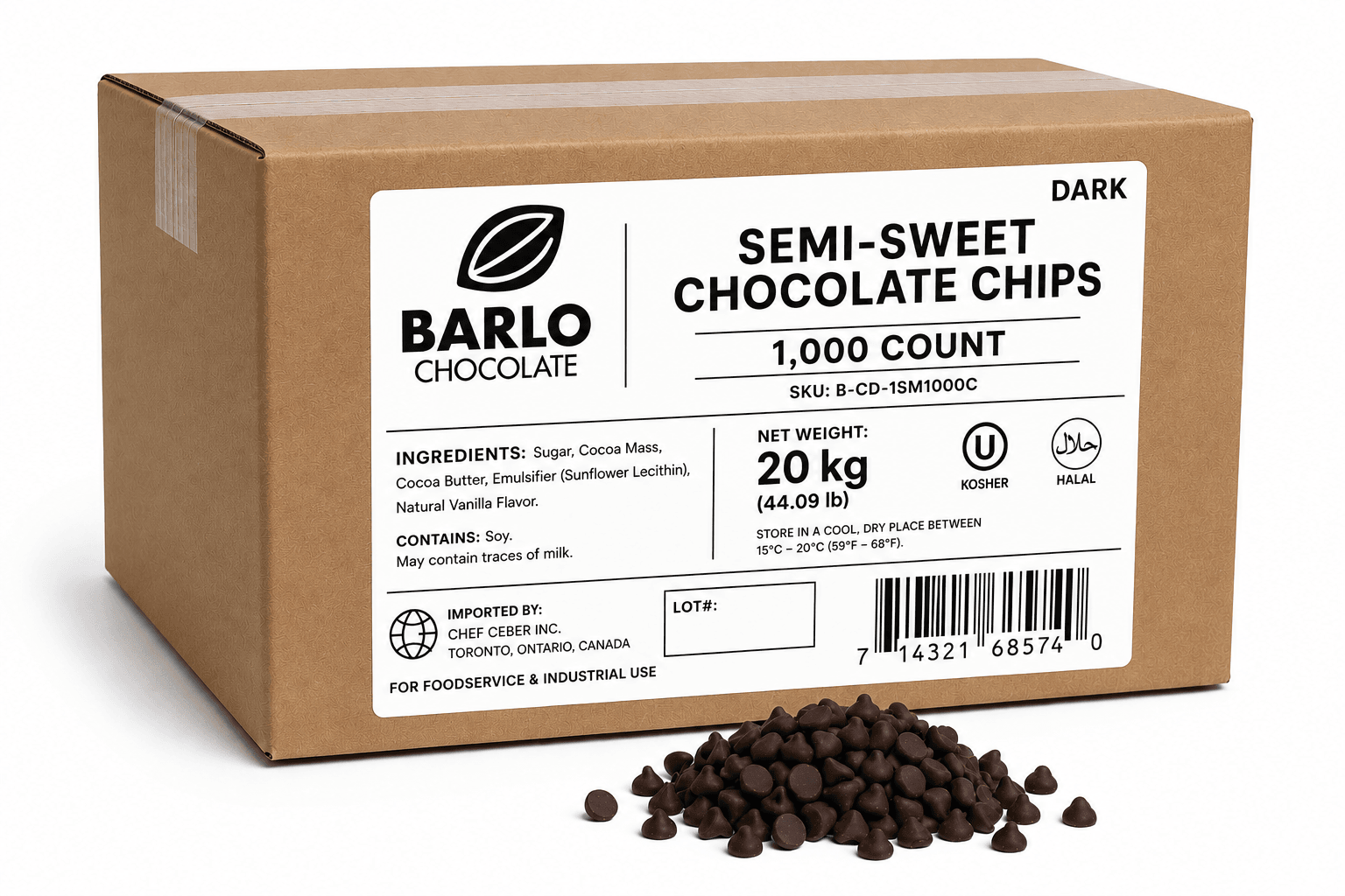 Chef Ceber BARLO Dark Chocolate Chips – 1,000 Count (20 kg) BARLO Dark Chocolate Chips – 1,000 Count (20 kg) Chocolate – Image 1
