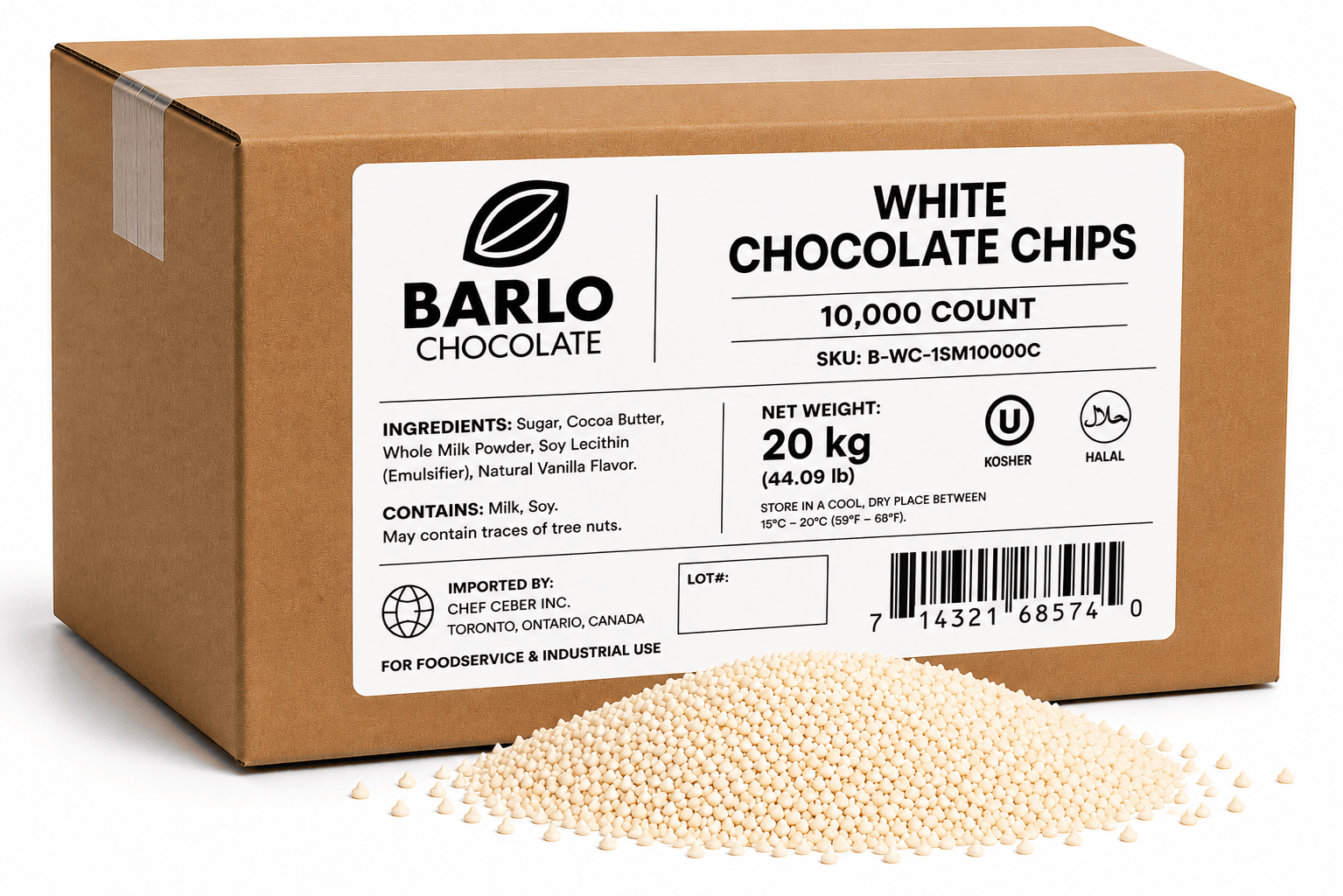 Chef Ceber BARLO White Chocolate Chips – 10,000 Count (20 kg) BARLO White Chocolate Chips – 10,000 Count (20 kg) Chocolate – Image 1