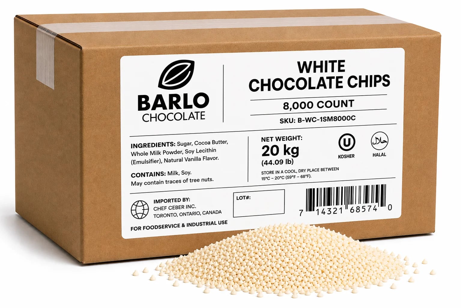 Chef Ceber BARLO White Chocolate Chips – 8,000 Count (20 kg) BARLO White Chocolate Chips – 8,000 Count (20 kg) Chocolate – Image 1