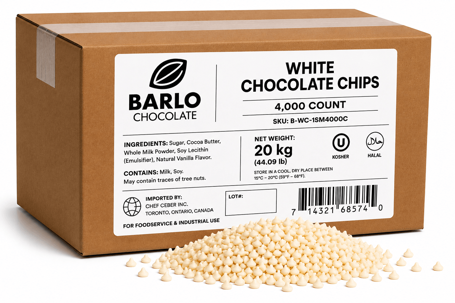 Chef Ceber BARLO White Chocolate Chips – 4,000 Count (20 kg) BARLO White Chocolate Chips – 4,000 Count (20 kg) Chocolate – Image 1