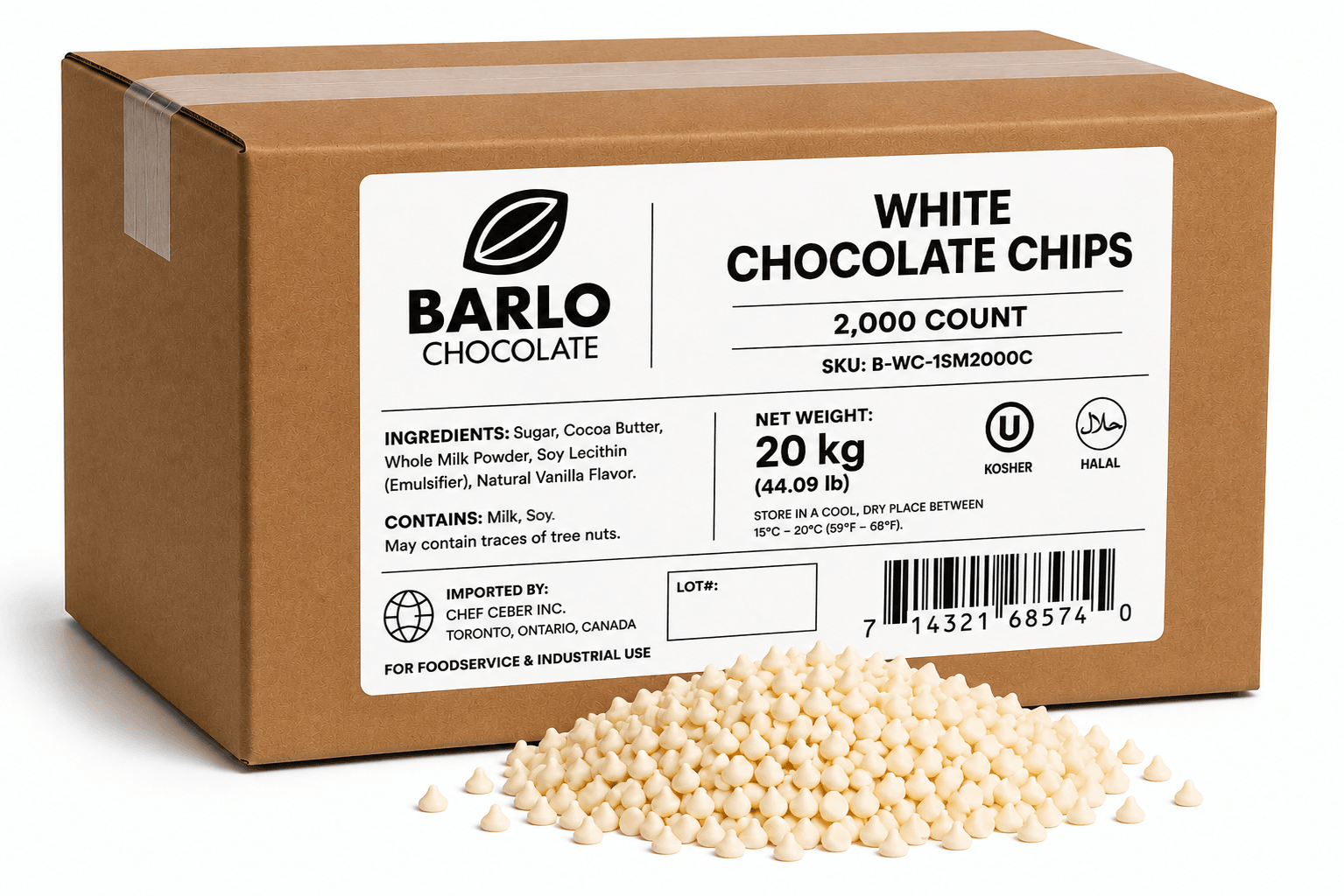 Chef Ceber BARLO White Chocolate Chips – 2,000 Count (20 kg) BARLO White Chocolate Chips – 2,000 Count (20 kg) Chocolate – Image 1