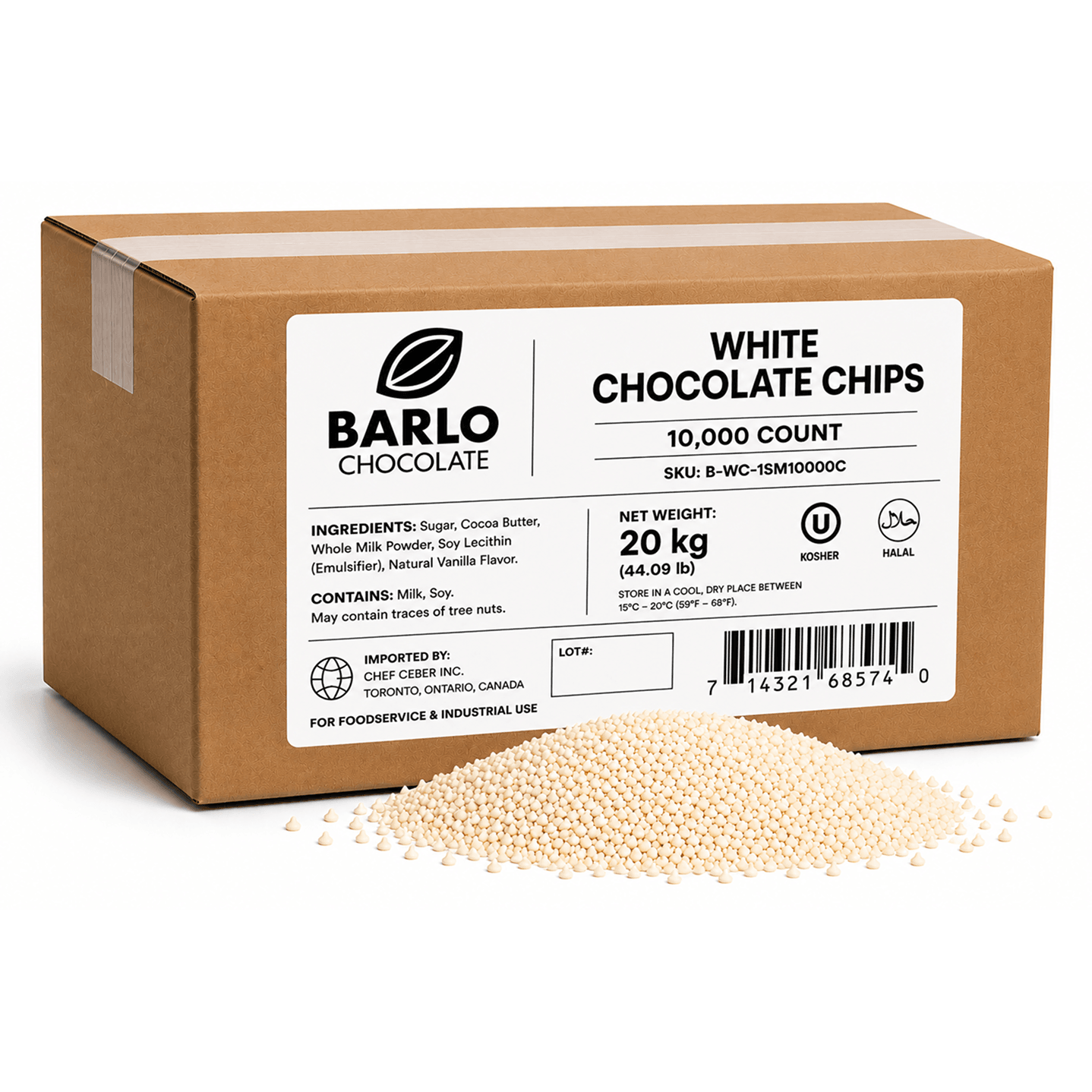 Chef Ceber BARLO White Chocolate Chips – 10,000 Count (20 kg) BARLO White Chocolate Chips – 10,000 Count (20 kg) Chocolate – Image 1