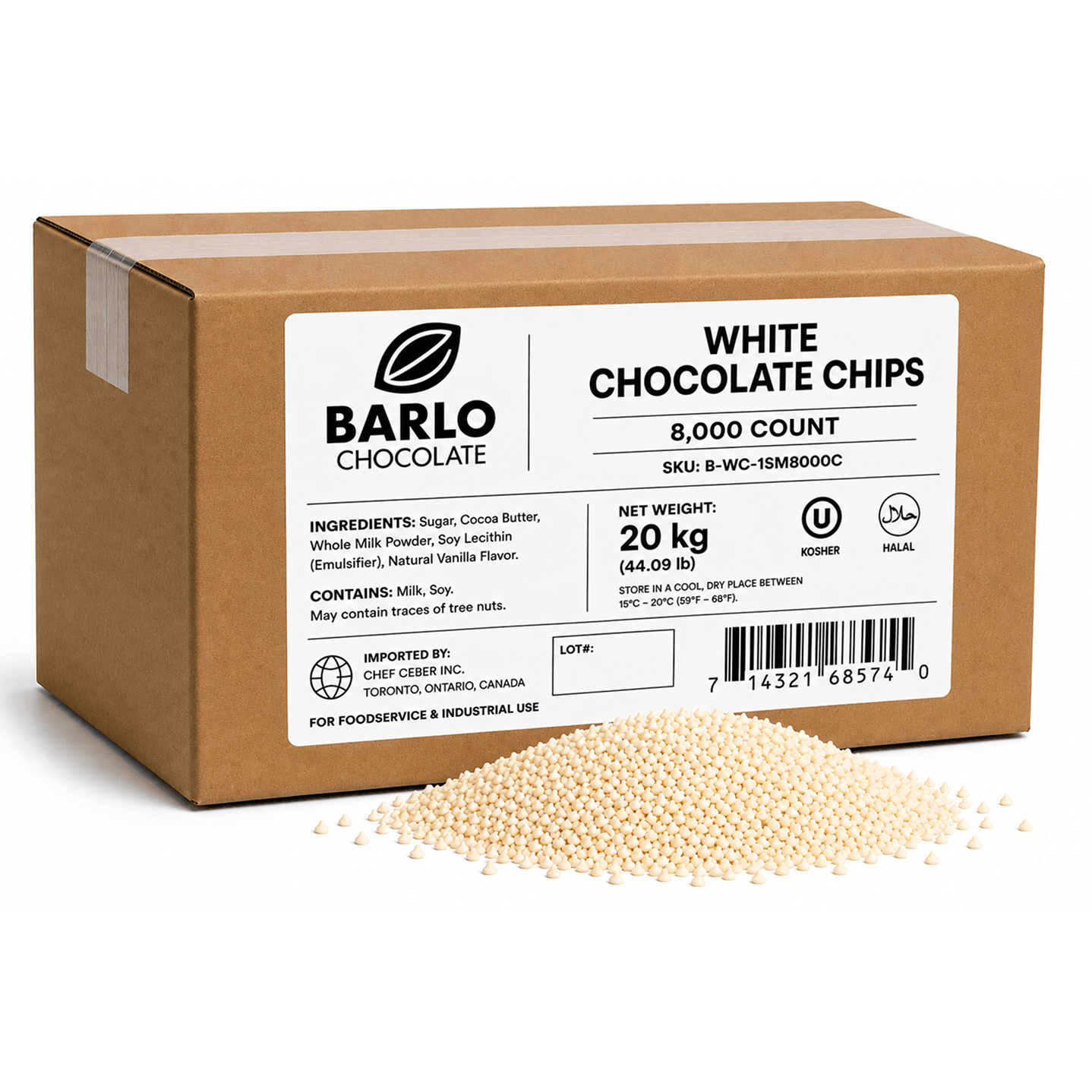 Chef Ceber BARLO White Chocolate Chips – 8,000 Count (20 kg) BARLO White Chocolate Chips – 8,000 Count (20 kg) Chocolate – Image 1