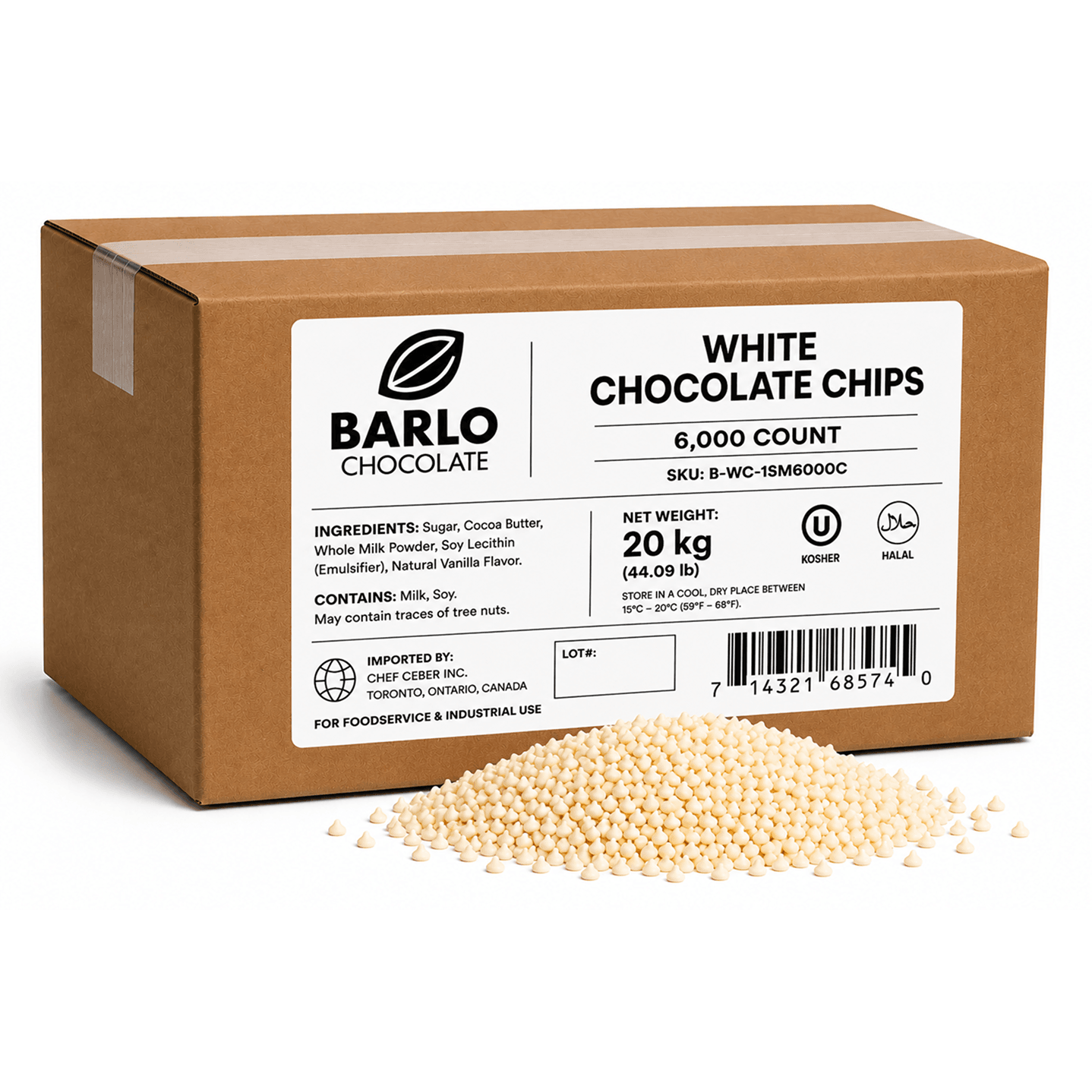 Chef Ceber BARLO White Chocolate Chips – 6,000 Count (20 kg) BARLO White Chocolate Chips – 6,000 Count (20 kg) Chocolate – Image 1