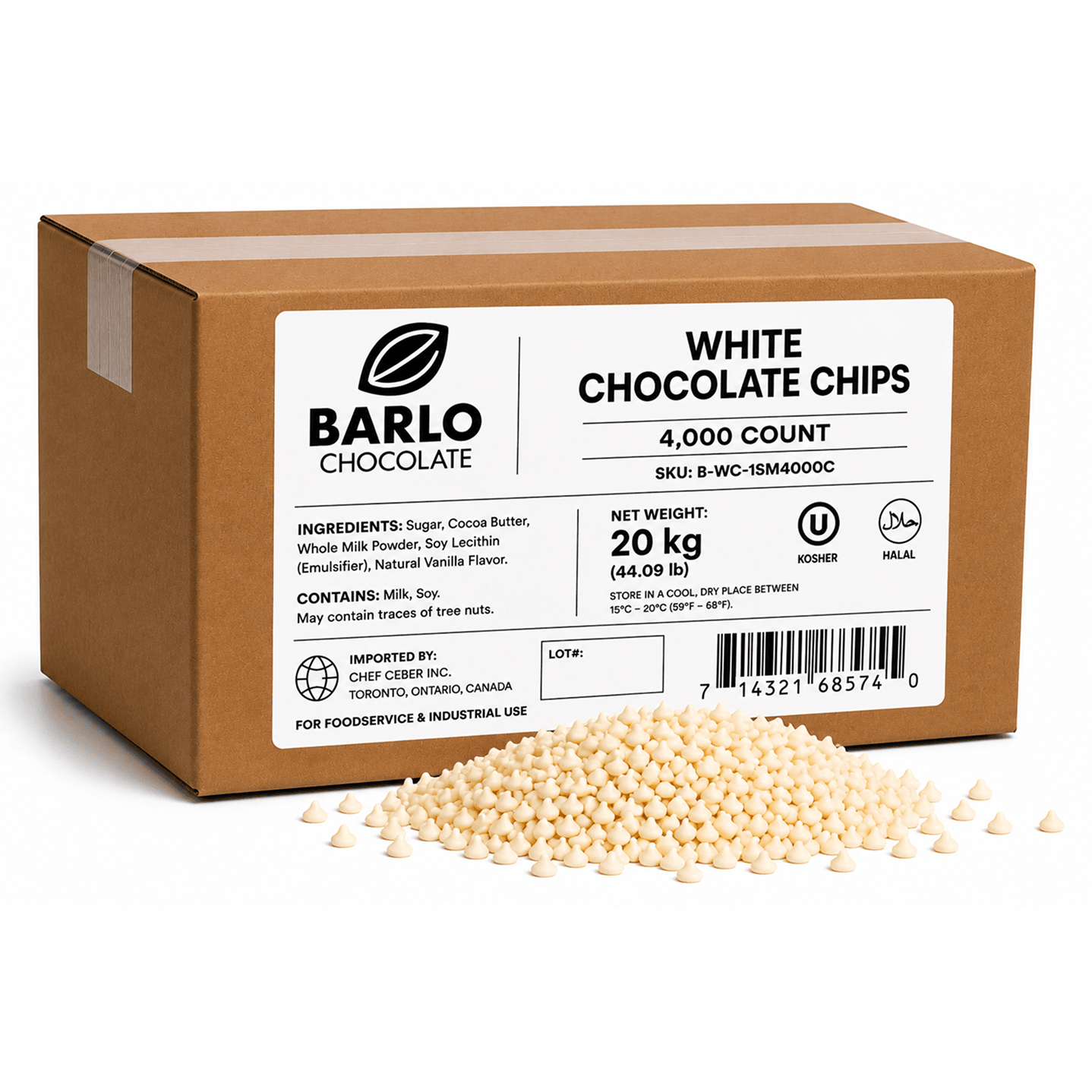 Chef Ceber BARLO White Chocolate Chips – 4,000 Count (20 kg) BARLO White Chocolate Chips – 4,000 Count (20 kg) Chocolate – Image 1