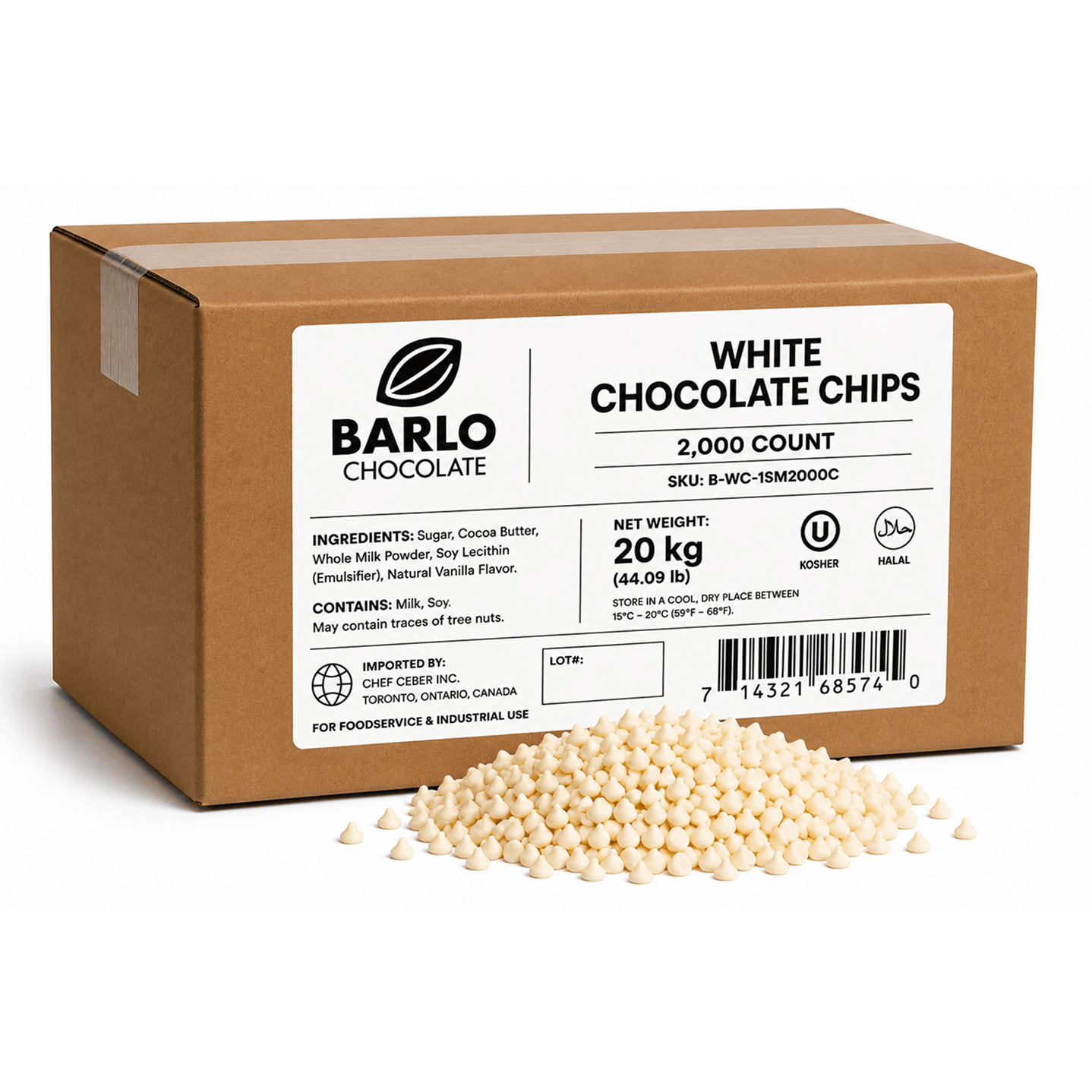 Chef Ceber BARLO White Chocolate Chips – 2,000 Count (20 kg) BARLO White Chocolate Chips – 2,000 Count (20 kg) Chocolate – Image 1