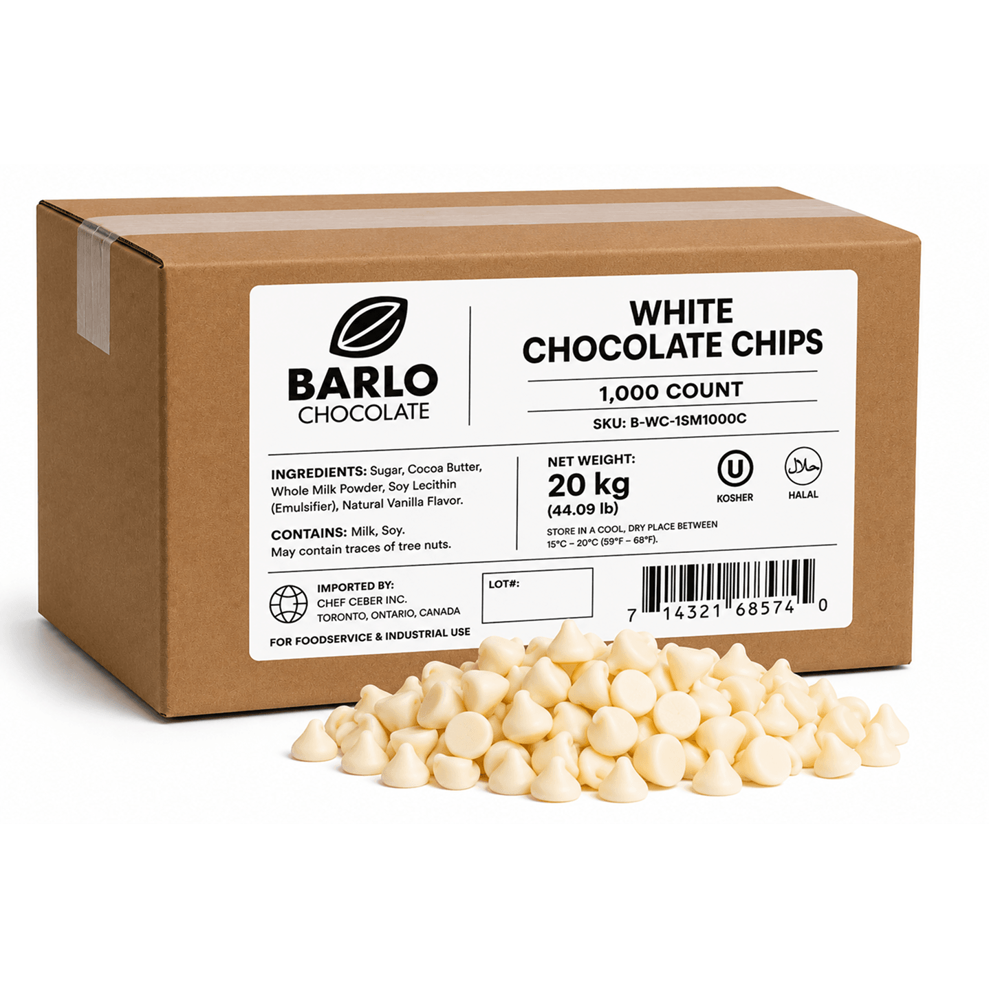 Chef Ceber BARLO White Chocolate Chips – 1,000 Count (20 kg) BARLO White Chocolate Chips – 1,000 Count (20 kg) Chocolate – Image 1