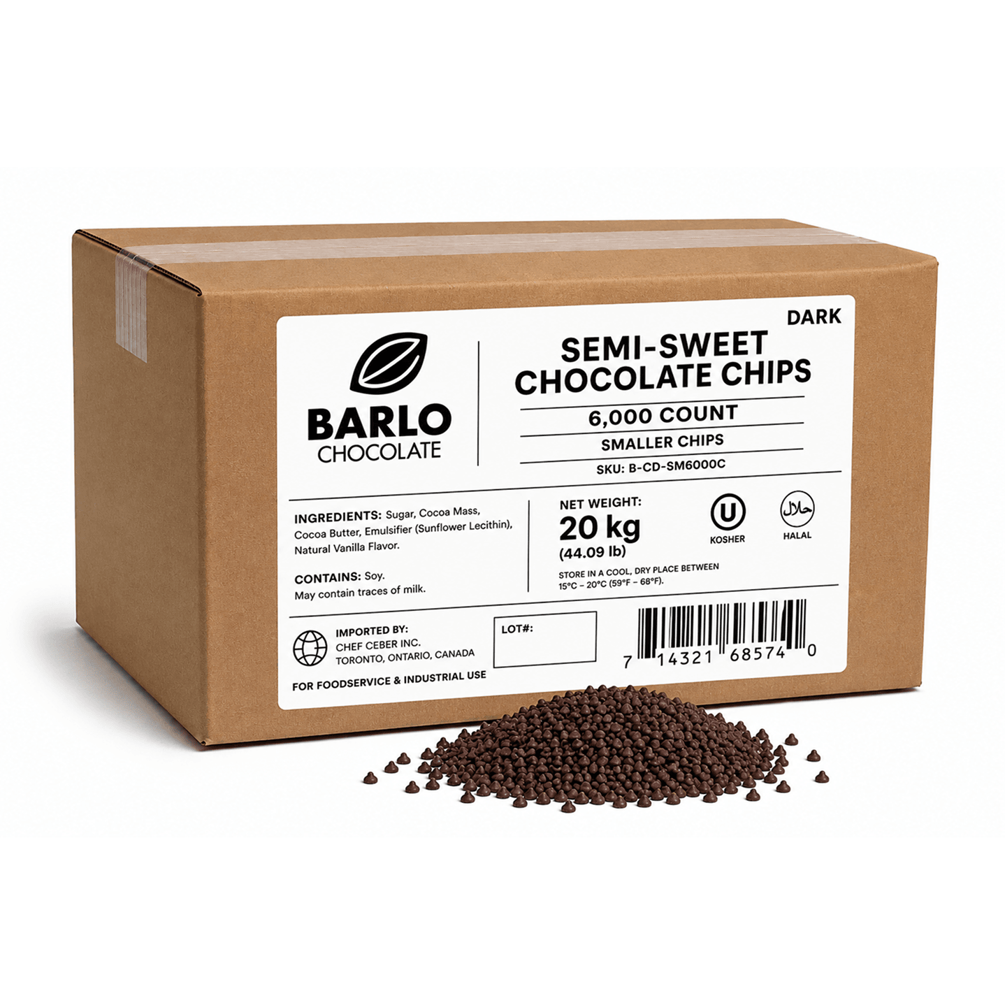 Chef Ceber BARLO Dark Chocolate Chips – 6,000 Count (20 kg) BARLO Dark Chocolate Chips – 6,000 Count (20 kg) Chocolate – Image 1