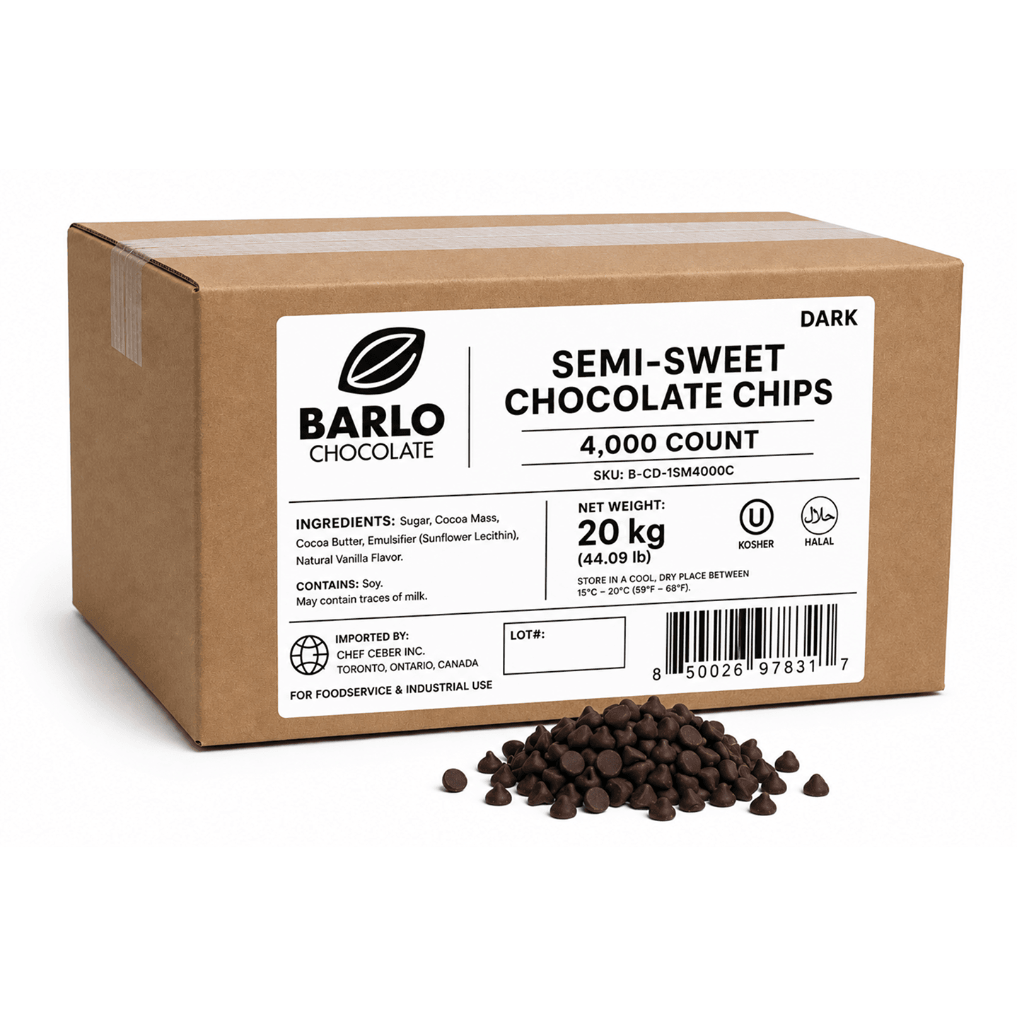 Chef Ceber BARLO Dark Chocolate Chips – 4,000 Count (20 kg) BARLO Dark Chocolate Chips – 4,000 Count (20 kg) Chocolate – Image 1