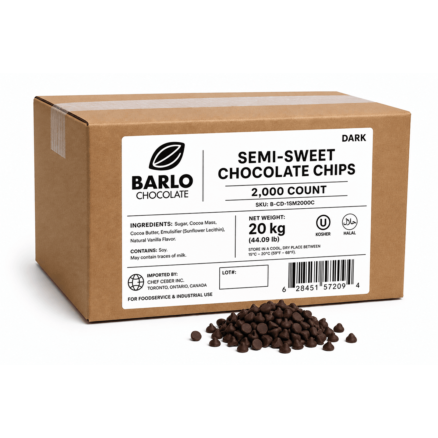 Chef Ceber BARLO Dark Chocolate Chips – 2,000 Count (20 kg) BARLO Dark Chocolate Chips – 2,000 Count (20 kg) Chocolate – Image 1