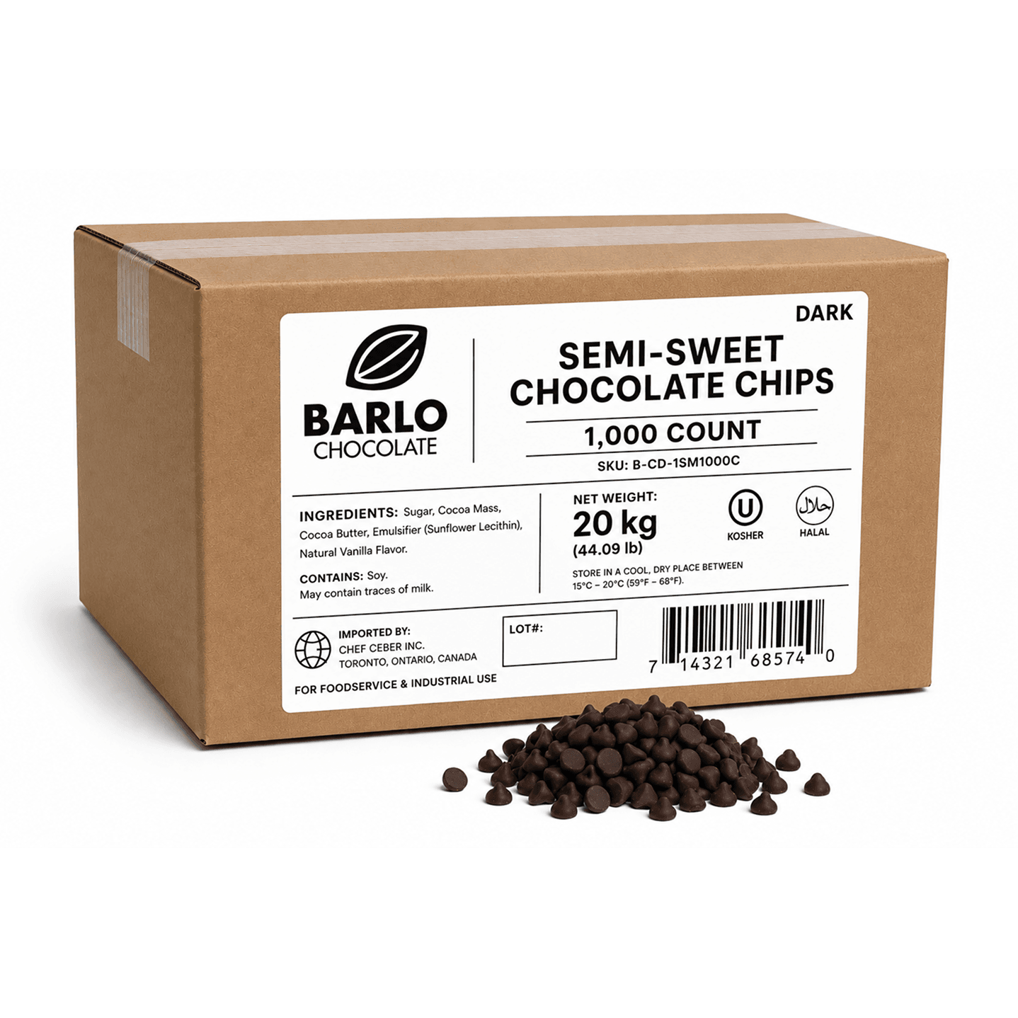 Chef Ceber BARLO Dark Chocolate Chips – 1,000 Count (20 kg) BARLO Dark Chocolate Chips – 1,000 Count (20 kg) Chocolate – Image 1