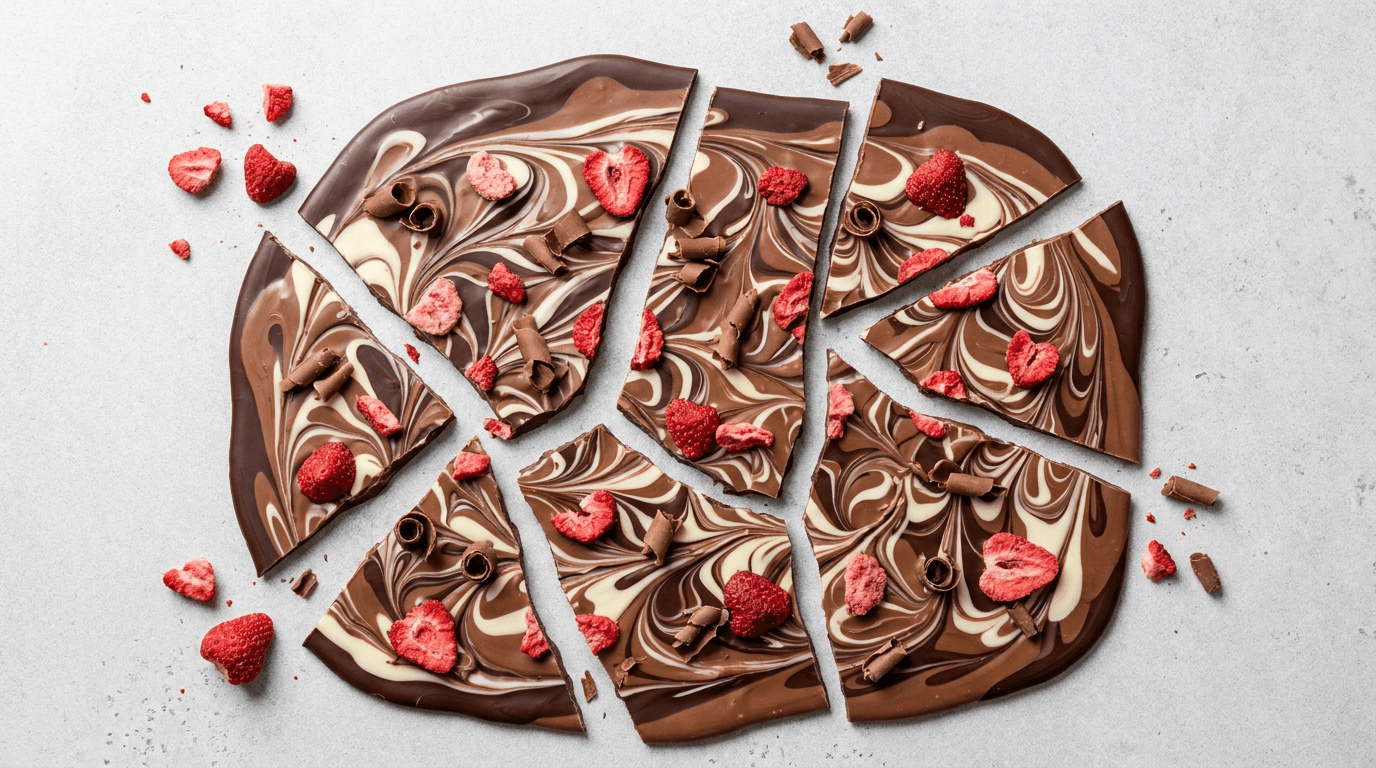 Chef Ceber Blog – Three-Chocolate Marbled Bark – A showpiece chocolate bark swirling dark, milk, and white couverture, studded with