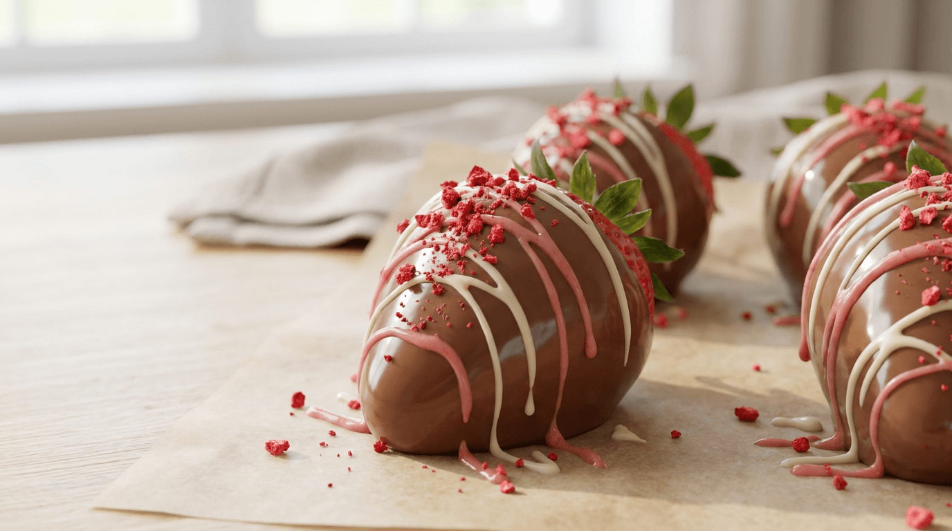 Chef Ceber Blog – Chocolate-Dipped Strawberries with Gourmet Sauce Drizzle – Glossy chocolate-dipped strawberries finished with a contrasting drizzle and a dusting of