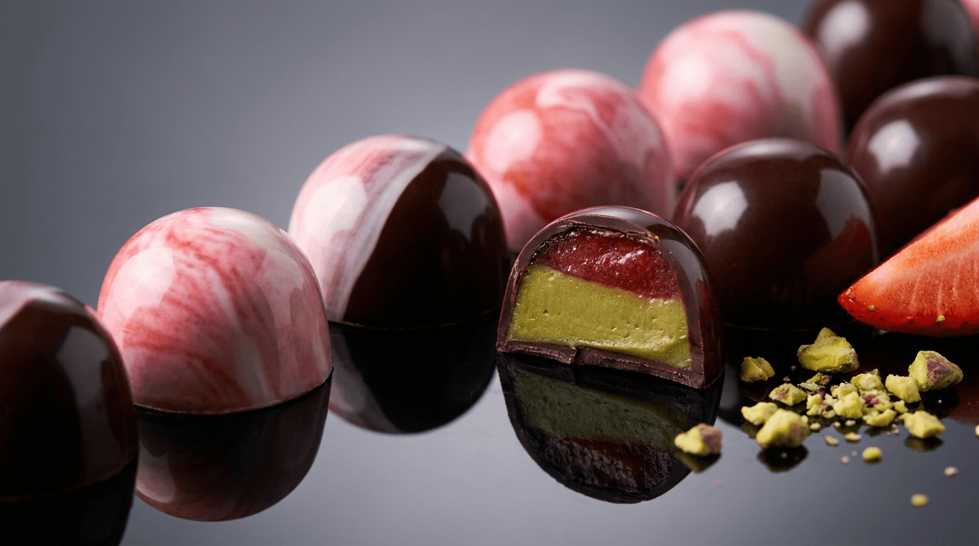 Chef Ceber Blog – Filled Chocolate Bonbons (Pistachio & Strawberry) – Glossy moulded bonbons with a snap shell and two fillings — pistachio