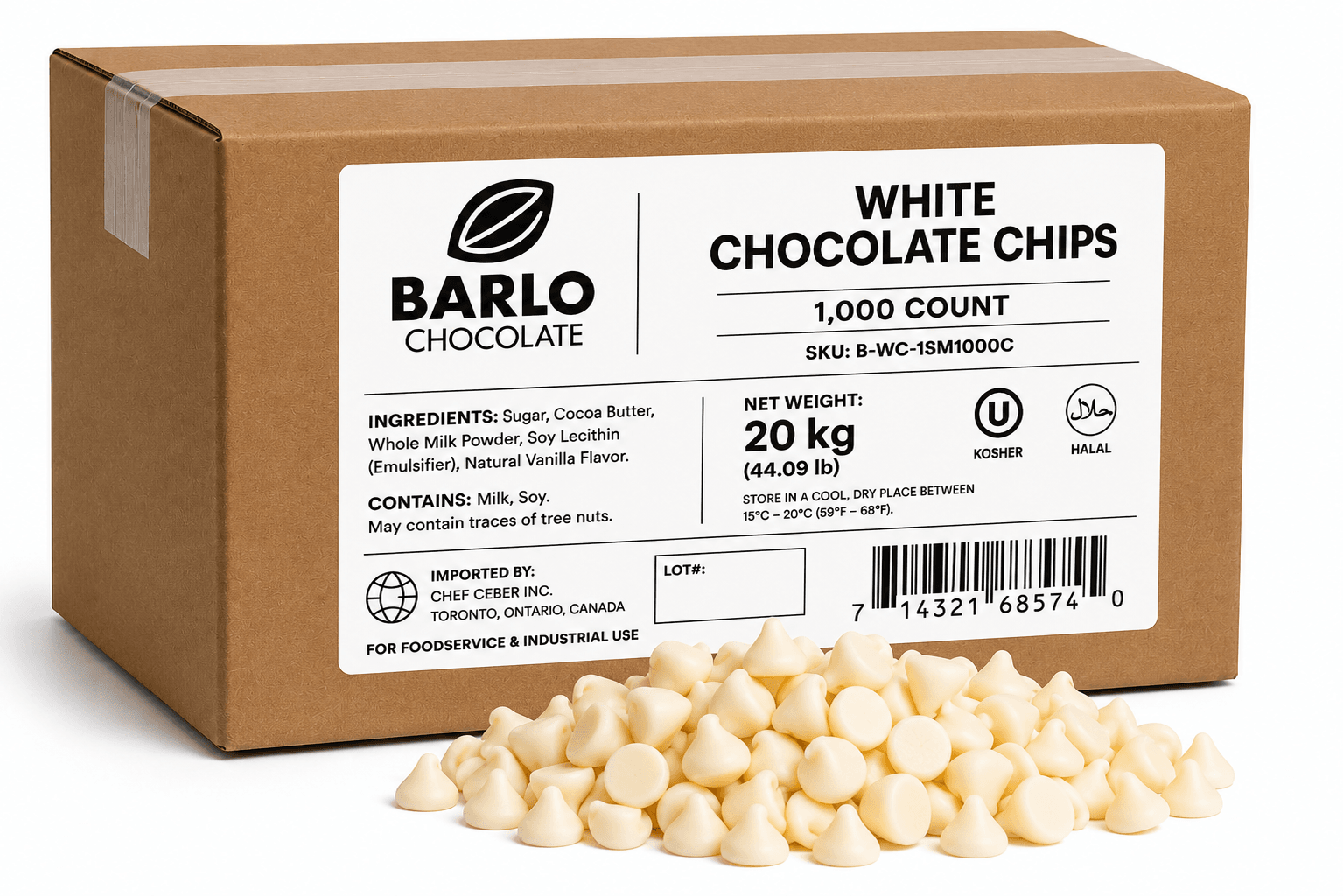 Chef Ceber BARLO White Chocolate Chips – 1,000 Count (20 kg) BARLO White Chocolate Chips – 1,000 Count (20 kg) Chocolate – Image 1